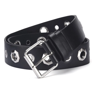 Ceinture punk en cuir noir avec œillets hexagonaux argentés et boucle en métal pour jeans