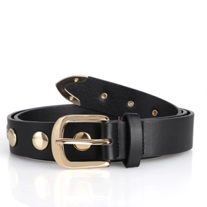 Detail of black punk leather belt featuring golden alloy buckle and metallic rivets