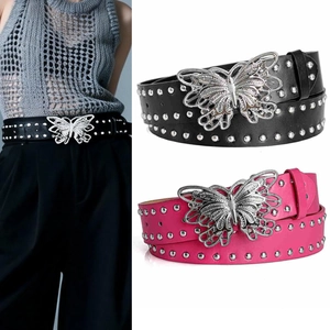 Women Fashion PU Leather Belt With Large Alloy Hollow Butterfly Buckle Y2K Punk Rivet Studded Waist Belt For Jeans Casual Decorative Waistband