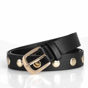 Detail of black leather punk belt with golden round rivets and metallic needle buckle