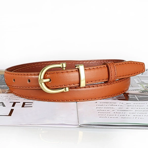 Detail of slim brown leather belt with golden horseshoe buckle on a magazine background