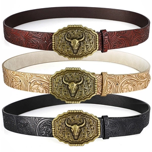 Vintage Western Cowboy Belt With Bull Head Alloy Buckle Embossed Floral Pattern PU Leather Waistband For Men Casual Accessory