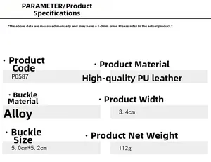 Detailed specifications of the vintage PU leather belt with alloy buckle and size data