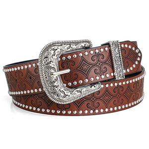 Western vintage belt with brown embossed leather, silver floral buckle, and metal rivets