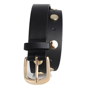 Close-up of black leather belt with gold round studs and square metal buckle