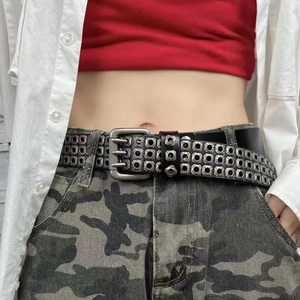 Punk style belt with three rows of silver metal rivets on black leather for Y2K street fashion