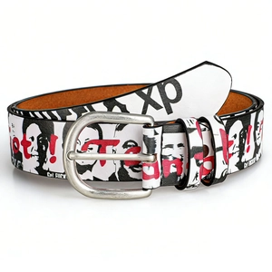 Retro portrait print white leather belt with silver metal buckle and pop art patterns