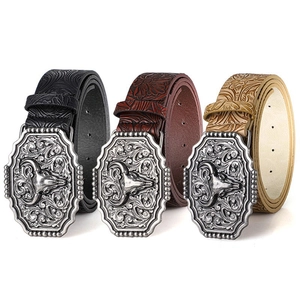 Men's retro western belts featuring bull head metal buckles in black and brown hues