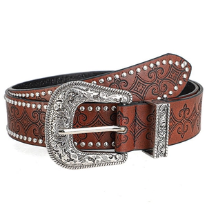 Detail of dark brown western belt with floral embossed leather and silver studs