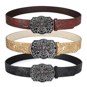 American Retro Unisex PU Leather Belt Western Cowboy Carved Cross Buckle Punk Hip Hop Floral Embossed Waist Belt For Jeans