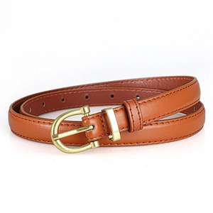 Close-up of brown faux leather belt featuring fine stitching and golden U-shaped metal buckle
