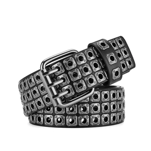 Men's American Vintage Punk Rock PU Leather Belt With Three Rows Square Rivets Hollow Heavy Metal Pin Buckle Unisex Waistband
