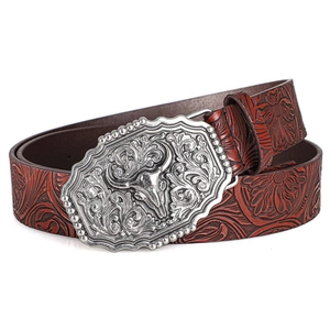 Vintage western bull head buckle leather belt with embossed floral patterns for men