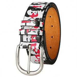 Detail view of the vintage portrait print leather belt with matte silver buckle and stitching