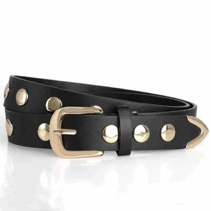 Detail of black leather punk belt with golden studs and metal tip on white background