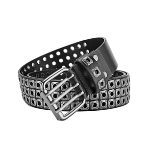 Retro punk style black leather belt with three rows of silver metal eyelets and double pin buckle