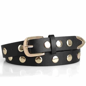 Close-up of black leather belt with two rows of gold rivets and metal edge protection