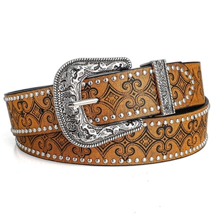 Western vintage belt with carved buckle and floral embossed brown leather and silver studs
