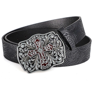 Vintage western leather belt with engraved silver cross buckle and baroque floral patterns