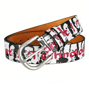 Vintage American style belt with portrait print and silver metal horseshoe buckle