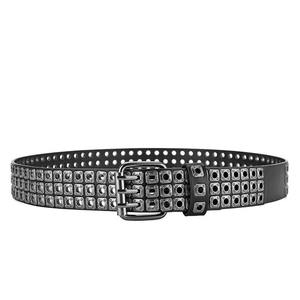Close-up of triple-row silver square metal eyelet rivets on a black punk rock leather belt