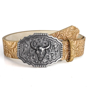 Western style bull head alloy buckle belt with embossed light camel leather textures