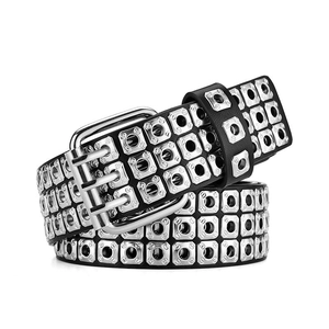 Vintage punk black leather belt with triple-row square metal rivets and a heavy metal buckle
