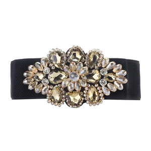Ceinture large élastique pour femme avec décorations de fleurs en cristal champagne éclatant
