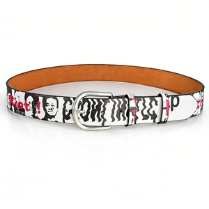 White vintage leather belt featuring retro portrait print and Riot text with silver buckle