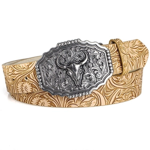 Detailed close-up of a western belt with bull skull buckle and floral embossed leather