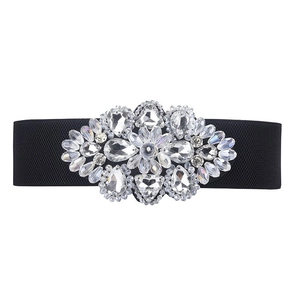 Ceinture large élastique noire pour femme avec boucle ornée de cristaux et de strass chic