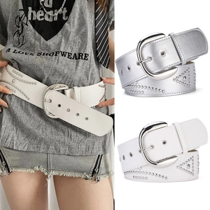 Damen Retro Y2K Punk Breiter Gürtel Kunstleder Geometrische Nieten Gürtel Große Legierung Schließe Mode Streetwear Accessoire