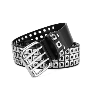 Detailed view of punk black leather belt featuring triple row silver square metal studs