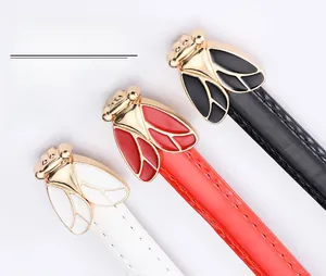 Three skinny faux leather belts with gold bee buckles in white, red and black