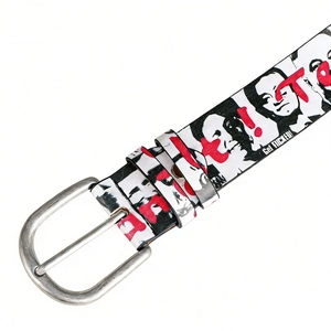 Retro American portrait print leather belt with silver matte punk buckle for men and women