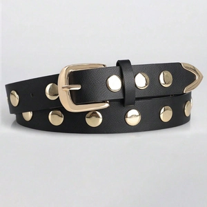 Punk style black leather belt with double-row gold studs and metallic pin buckle