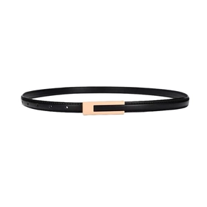 Classic slim black leather belt for women with elegant golden rectangular buckle