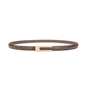 Minimalist brown leather belt for women with elegant golden metal square buckle
