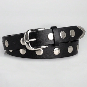 Punk black faux leather belt with silver round metal rivets and classic pin buckle style