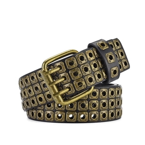 Vintage punk black leather belt with three rows of square brass studs and double pin buckle