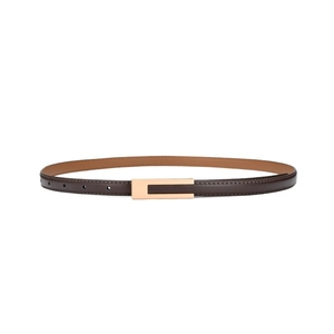 Classic slim dark brown leather belt for women featuring a polished gold rectangular buckle