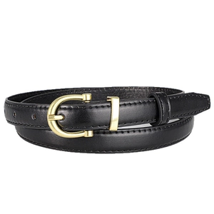 Elegant thin black leather belt for women featuring a golden horseshoe pin buckle
