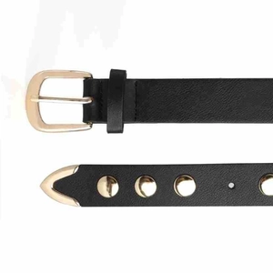 Black leather punk rivet belt with gold pin buckle and metal tip in western style