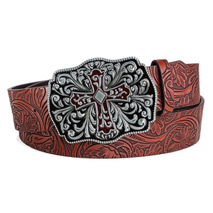 Vintage western leather belt with floral embossing and silver cross buckle on red base