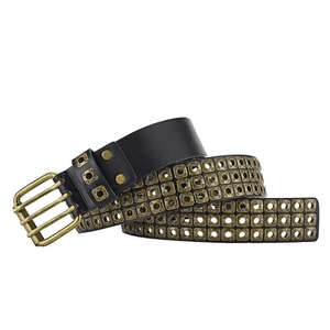 Detailed view of punk rock leather belt with triple-row square metal studs and buckle