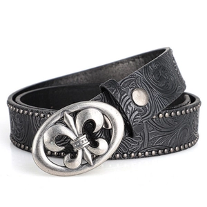 Ceinture punk vintage en cuir noir avec motifs gaufrés et boucle fleur de lys