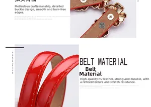 Detailed close-up of glossy red PU leather belt and clover-shaped golden buckle