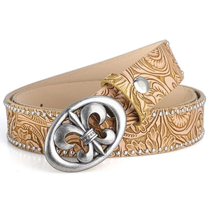 Ceinture vintage en cuir gaufré avec boucle fleur de lys et rivets argentés punk