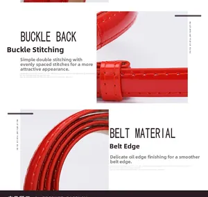 Detail of red patent leather belt showing precise double stitching and smooth edge oil finish
