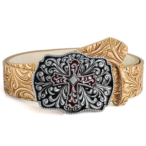 Close-up of vintage Western belt with cross buckle and floral embossed brown leather strap